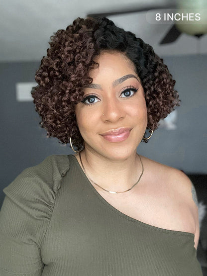 Luvme minimalist lace wig with short, curly, glueless side part, 100% human hair, pre-cut lace for easy styling.