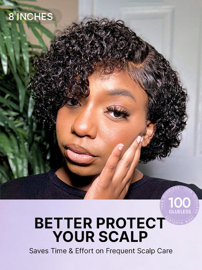 Luvme short curly minimalist HD lace wig with glueless side part, 100% human hair, pre-cut lace, natural look