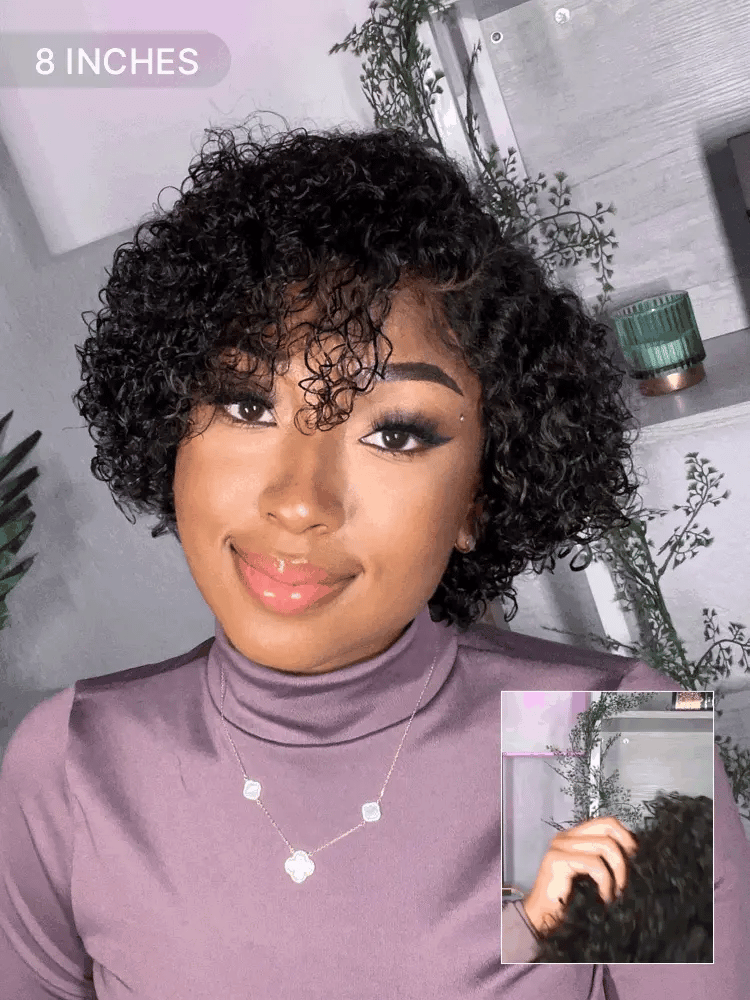 Luvme short cut curly minimalist HD lace wig with glueless side part, 100% human hair, pre-cut lace for easy wear.