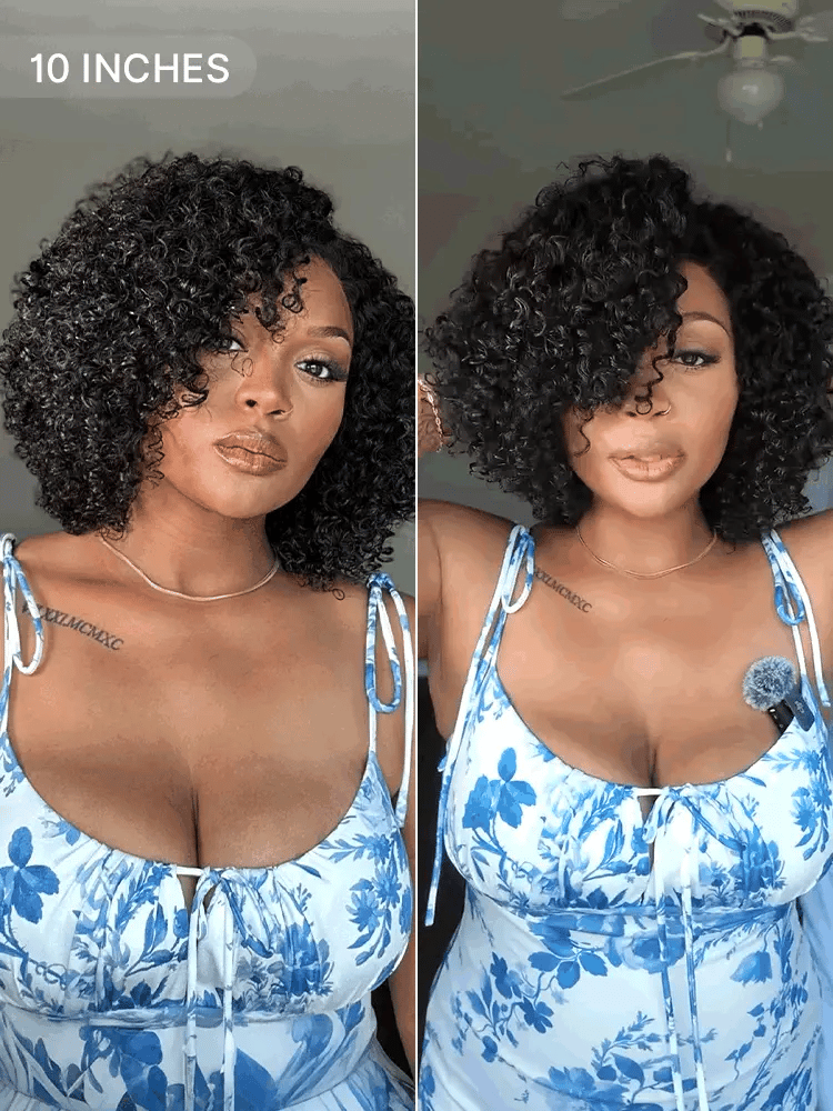 Luvme trendy short cut curly minimalist HD lace glueless side part wig made of 100% human hair with pre-cut lace for easy wear.