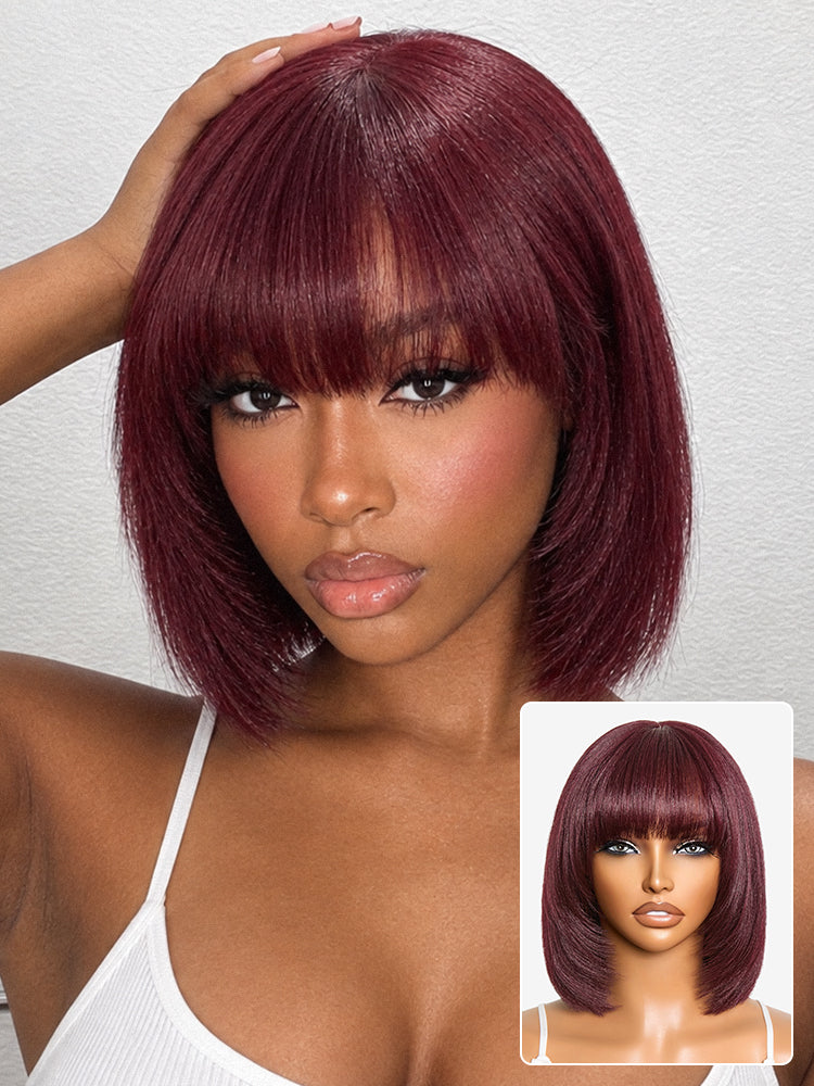 Put On and Go Reddish Purple Layered Cut Yaki Straight Minimalist Lace Bob Wig with Bangs All-Day Comfort Cap-23