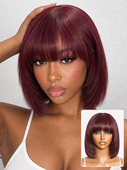 Put On and Go Reddish Purple Layered Cut Yaki Straight Minimalist Lace Bob Wig with Bangs All-Day Comfort Cap-23