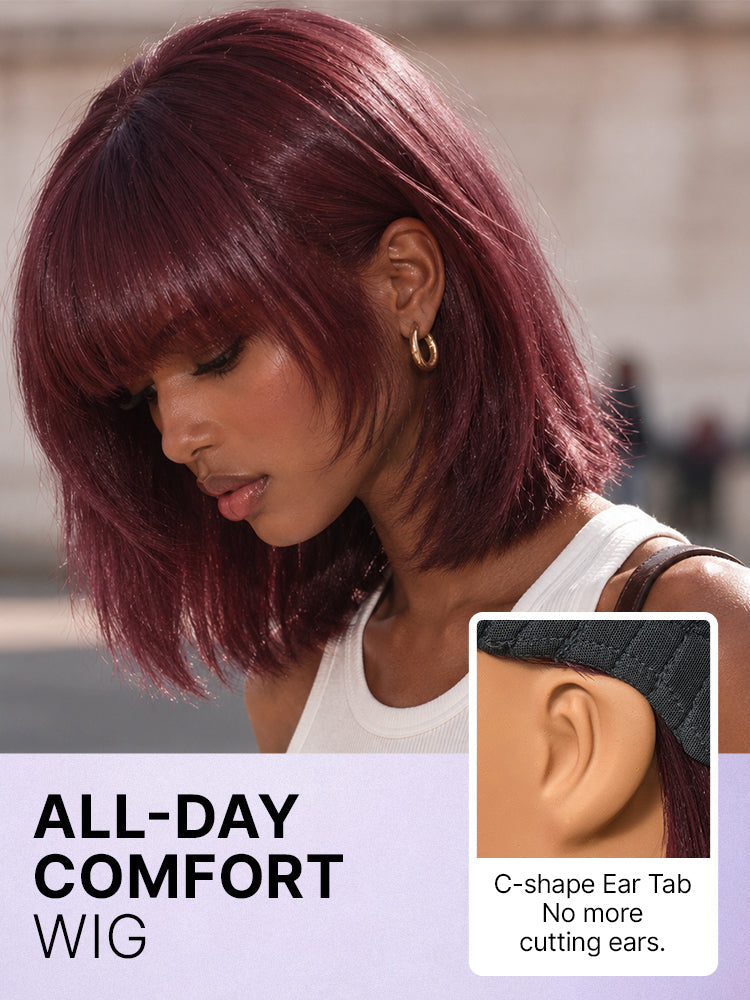 Put On and Go Reddish Purple Layered Cut Yaki Straight Minimalist Lace Bob Wig with Bangs All-Day Comfort Cap-26