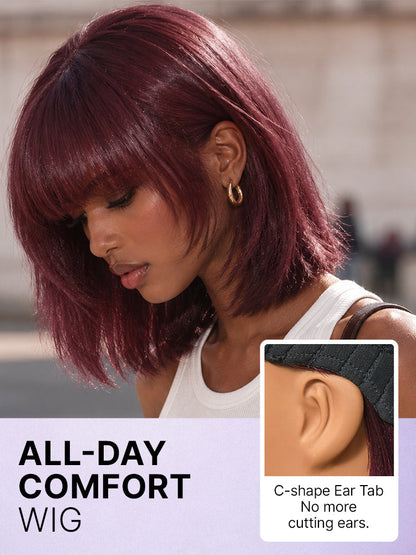 Put On and Go Reddish Purple Layered Cut Yaki Straight Minimalist Lace Bob Wig with Bangs All-Day Comfort Cap-26