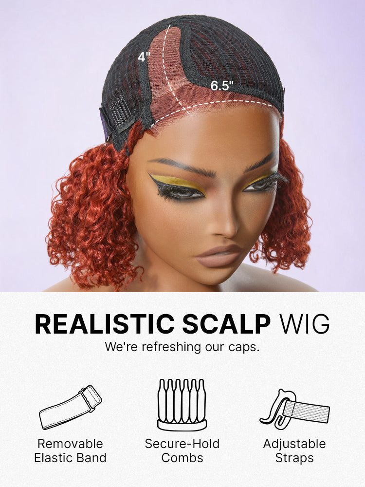 Trendy Copper Red Glueless Minimalist HD Lace Curly Bob Wig Pre-Cut Lace-07