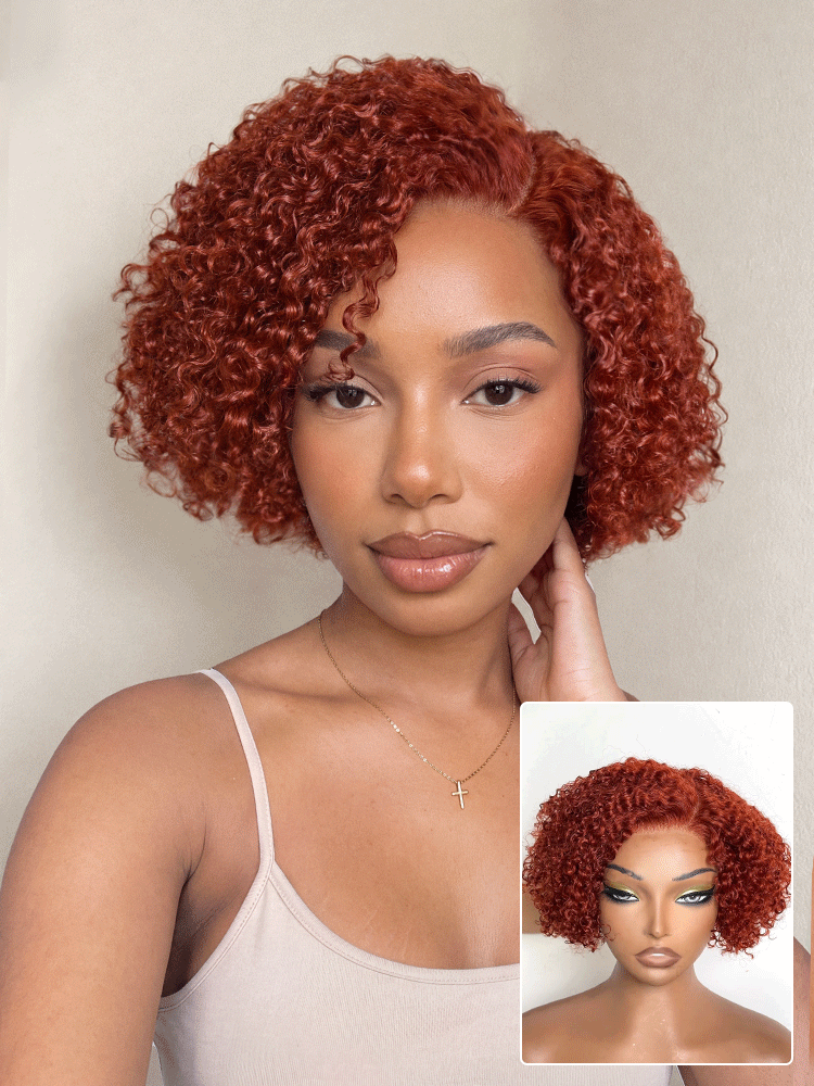 Trendy Copper Red Glueless Minimalist HD Lace Curly Bob Wig Pre-Cut Lace-01