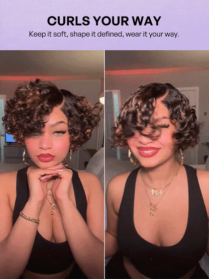 Natural Black / Brown Highlight Water Wave Pixie Cut Glueless Minimalist HD Lace Short Curly Wig-76