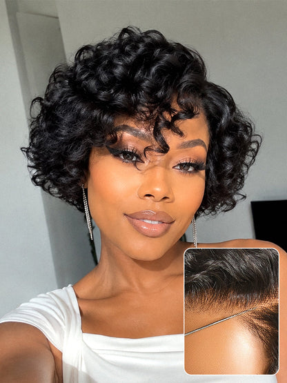 Natural Black / Brown Highlight Water Wave Pixie Cut Glueless Minimalist HD Lace Short Curly Wig-71