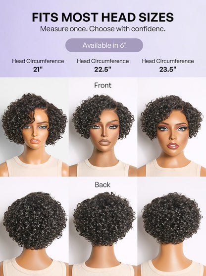 Natural Black / Brown Highlight Water Wave Pixie Cut Glueless Minimalist HD Lace Short Curly Wig-80