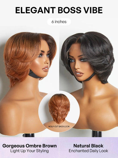 1 SEC INSTALL WIG | Elegant Boss Vibe Short Pixie Cut Natural Black / Ombre Brown Glueless Minimalist HD Lace Wig Pre Cut Lace-39