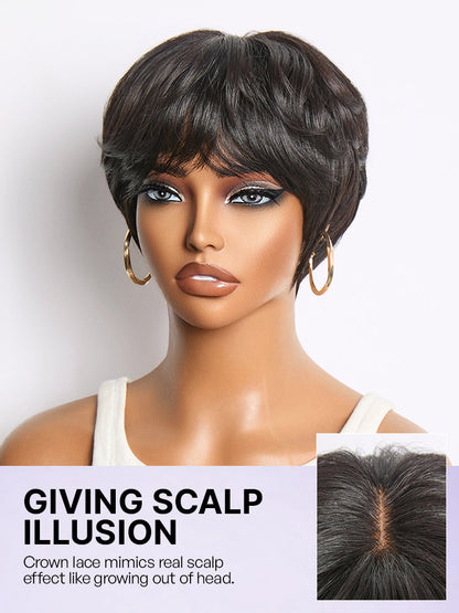 Throw On & Go Natural Black Pixie Cut with Bangs Glueless Minimalist Lace Wig-19