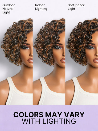 Brown Highlight Water Wave Pixie Cut Glueless Minimalist HD Lace Short Curly Wig-43