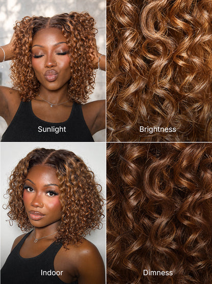 Warm Caramel Brown / Natural Black Deep Curly Glueless 5x5 Closure Pre-Cut Lace Wig-39
