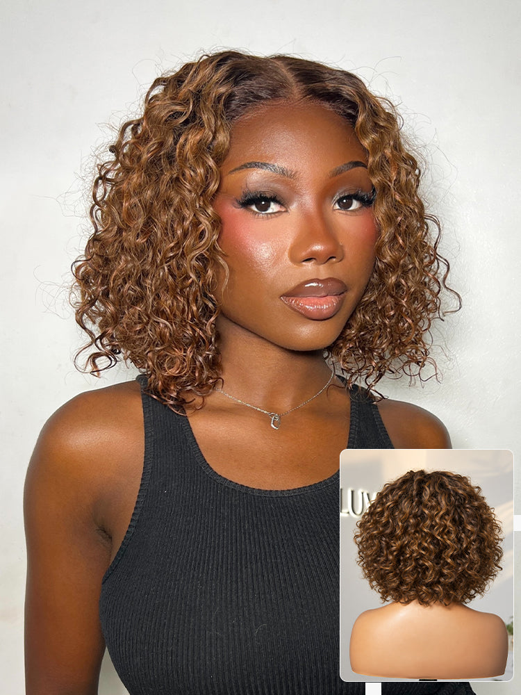 Warm Caramel Brown / Natural Black Deep Curly Glueless 5x5 Closure Pre-Cut Lace Wig-36