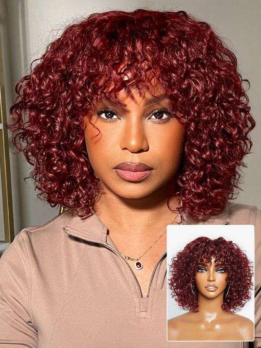 Beginner Friendly Dark Red Water Wave Glueless Minimalist Lace Curly Wig with Bangs-11