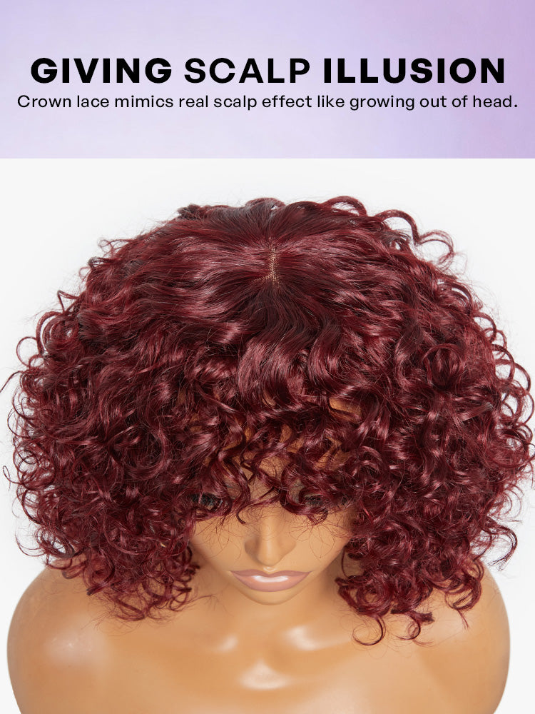 Beginner Friendly Dark Red Water Wave Glueless Minimalist Lace Curly Wig with Bangs-15