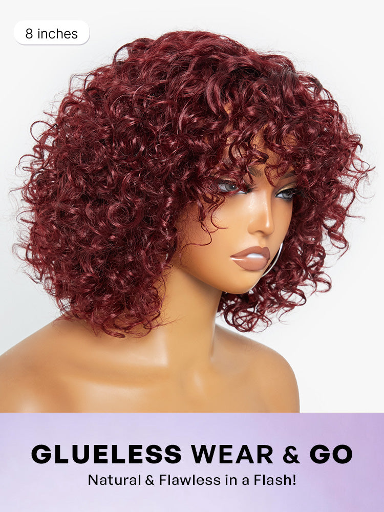 Beginner Friendly Dark Red Water Wave Glueless Minimalist Lace Curly Wig with Bangs-14