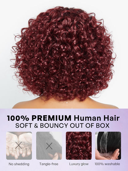 Beginner Friendly Dark Red Water Wave Glueless Minimalist Lace Curly Wig with Bangs-16