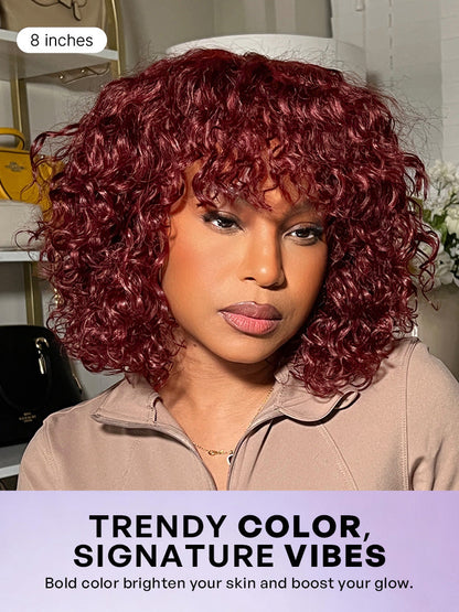 Beginner Friendly Dark Red Water Wave Glueless Minimalist Lace Curly Wig with Bangs-12