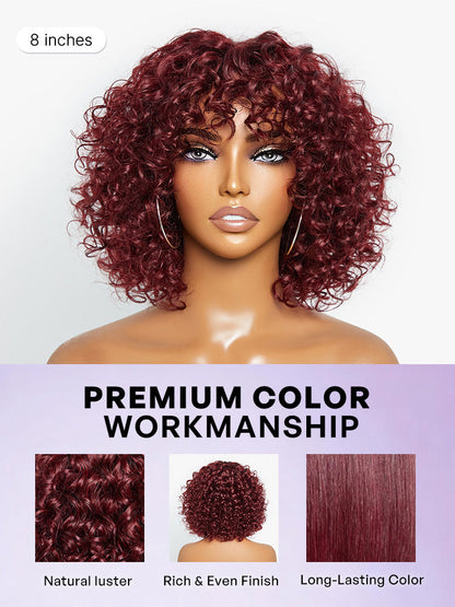 Beginner Friendly Dark Red Water Wave Glueless Minimalist Lace Curly Wig with Bangs-13