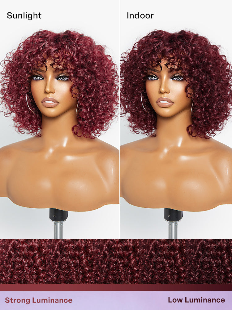 Beginner Friendly Dark Red Water Wave Glueless Minimalist Lace Curly Wig with Bangs-17