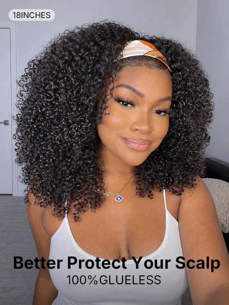 Natural Black Jerry Curly No Lace Glueless Free Part Long Headband Wig 100% Human Hair (Get Free Trendy Headbands)-19
