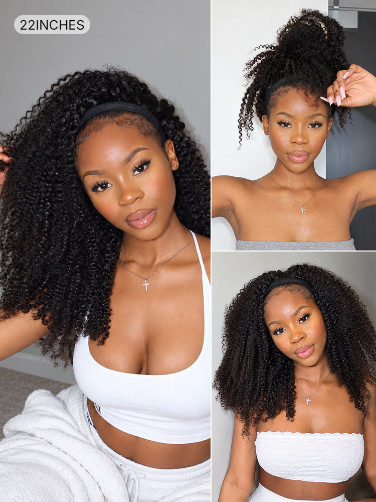 Natural Black Jerry Curly No Lace Glueless Free Part Long Headband Wig 100% Human Hair (Get Free Trendy Headbands)-21