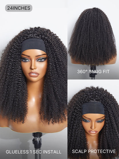 Natural Black Jerry Curly No Lace Glueless Free Part Long Headband Wig 100% Human Hair (Get Free Trendy Headbands)-24