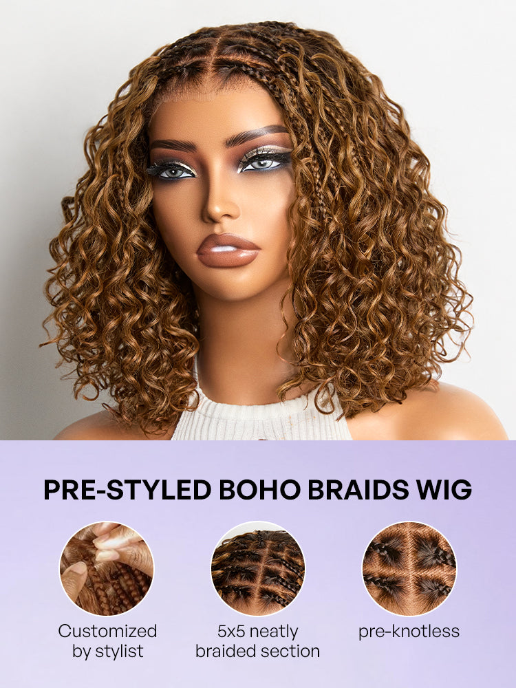 Readitress™ Ombre Brown Highlight Boho Braids Deep Curly Glueless 5x5 Closure Lace with Braided Top Human Hair Wig Pre-Cut Lace-25