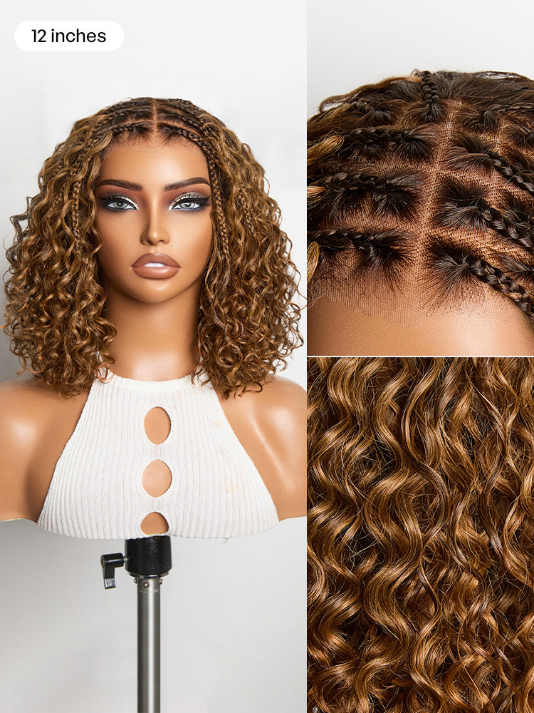 Readitress™ Ombre Brown Highlight Boho Braids Deep Curly Glueless 5x5 Closure Lace with Braided Top Human Hair Wig Pre-Cut Lace-26