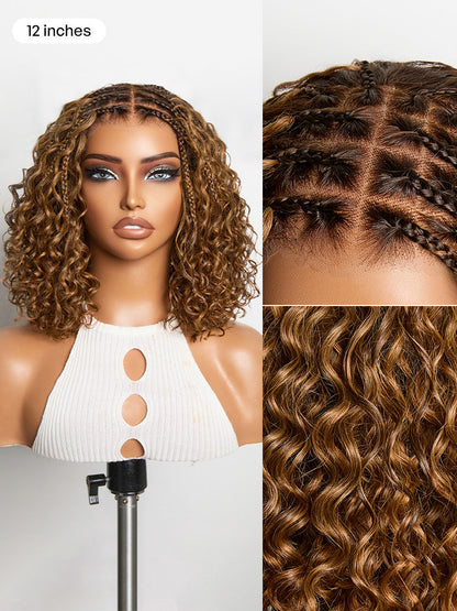 Readitress™ Ombre Brown Highlight Boho Braids Deep Curly Glueless 5x5 Closure Lace with Braided Top Human Hair Wig Pre-Cut Lace-26