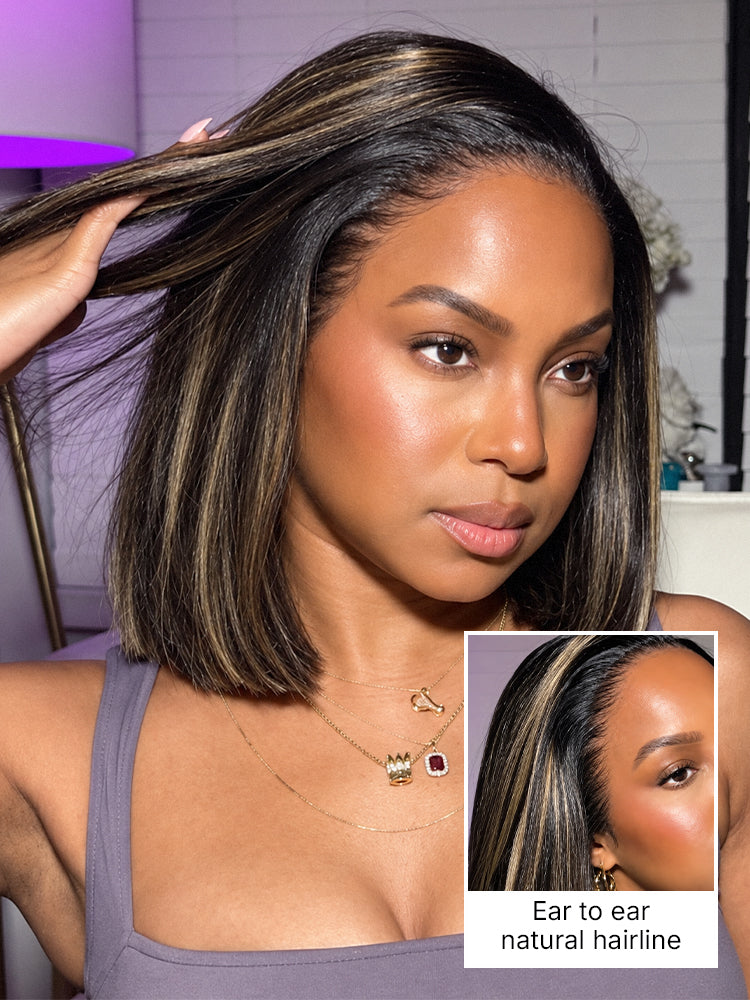PreMax Wigs - Natural Black / Blonde Highlight C Part Glueless Lace Front Bob Wig Pre-cut Lace-51