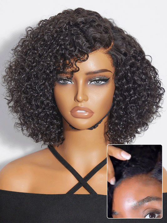Trendy Short Cut Curly Minimalist HD Lace Glueless Side Part Wig 100% Human Hair Pre-Cut Lace-74