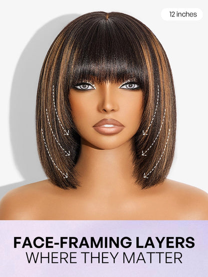 Put On and Go Ash Blonde Highlight / Brown Highlight / Natural Black Layered Cut Yaki Straight Minimalist Lace Bob Wig-25