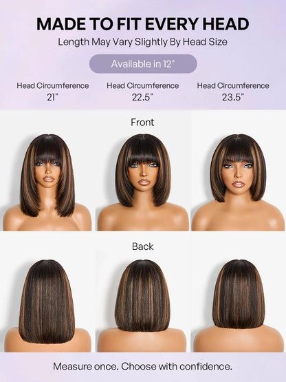 Put On and Go Ash Blonde Highlight / Brown Highlight / Natural Black Layered Cut Yaki Straight Minimalist Lace Bob Wig-32