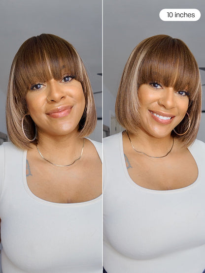 Put On and Go Ash Blonde Highlight / Brown Highlight / Natural Black Layered Cut Yaki Straight Minimalist Lace Bob Wig-33