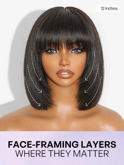 Put On and Go Ash Blonde Highlight / Brown Highlight / Natural Black Layered Cut Yaki Straight Minimalist Lace Bob Wig-38
