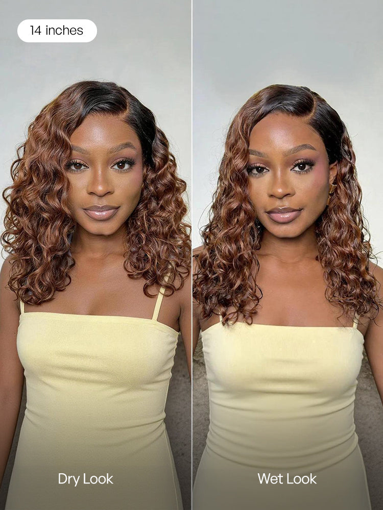 Ready to Go Ombre Brown Water Wave Short Curly Bob Wig Glueless Minimalist HD Lace Wig Pre-Cut Lace-26