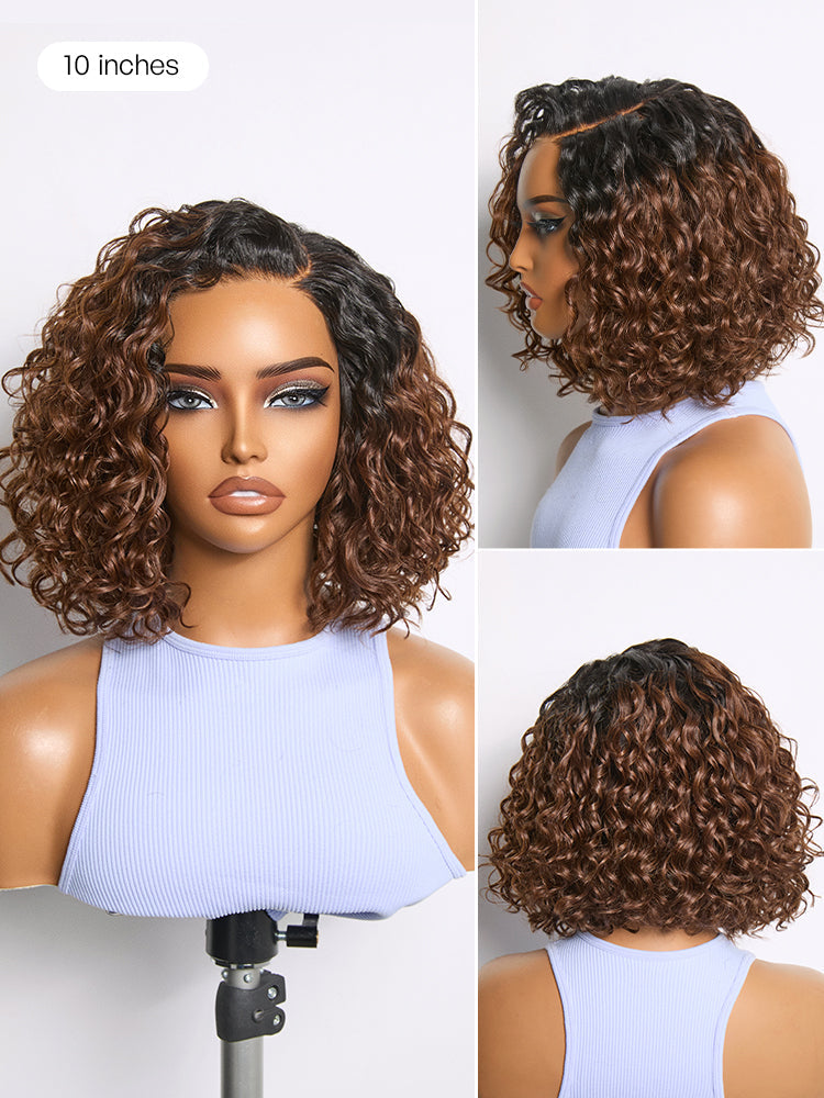 Ready to Go Ombre Brown Water Wave Short Curly Bob Wig Glueless Minimalist HD Lace Wig Pre-Cut Lace-28