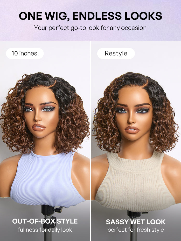 Ready to Go Ombre Brown Water Wave Short Curly Bob Wig Glueless Minimalist HD Lace Wig Pre-Cut Lace-32