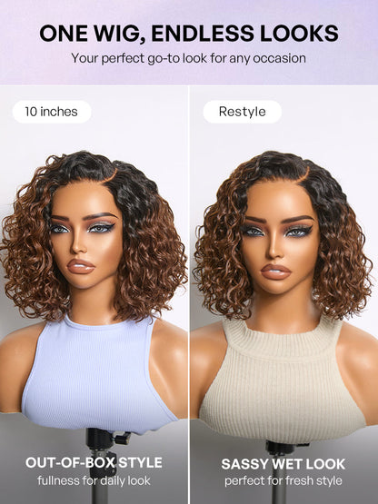 Ready to Go Ombre Brown Water Wave Short Curly Bob Wig Glueless Minimalist HD Lace Wig Pre-Cut Lace-32