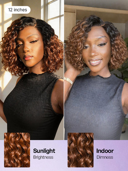 Ready to Go Ombre Brown Water Wave Short Curly Bob Wig Glueless Minimalist HD Lace Wig Pre-Cut Lace-33
