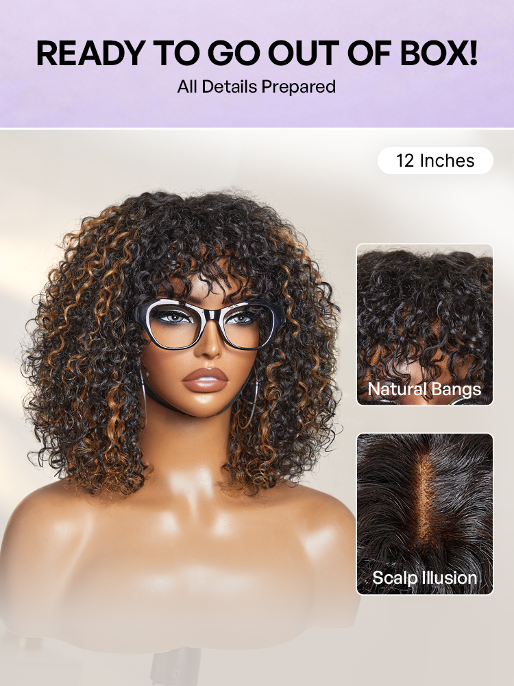 1 SEC INSTALL WIG | Brown Highlight / Natural Black Water Wave Natural Scalp Glueless Minimalist Lace Short Curly Wig with Bangs-35
