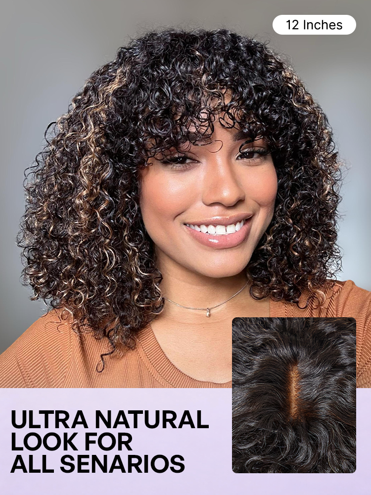 1 SEC INSTALL WIG | Brown Highlight / Natural Black Water Wave Natural Scalp Glueless Minimalist Lace Short Curly Wig with Bangs-37