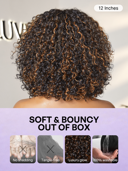 1 SEC INSTALL WIG | Brown Highlight / Natural Black Water Wave Natural Scalp Glueless Minimalist Lace Short Curly Wig with Bangs-38