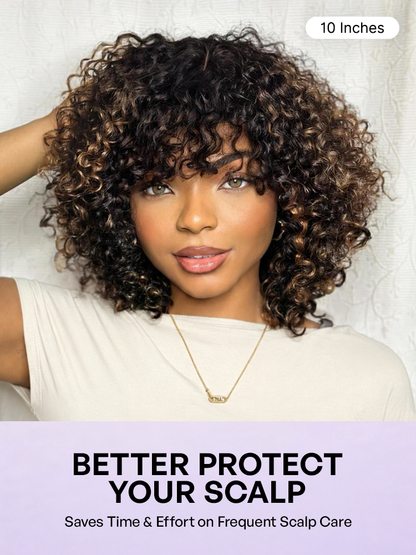 1 SEC INSTALL WIG | Brown Highlight / Natural Black Water Wave Natural Scalp Glueless Minimalist Lace Short Curly Wig with Bangs-36