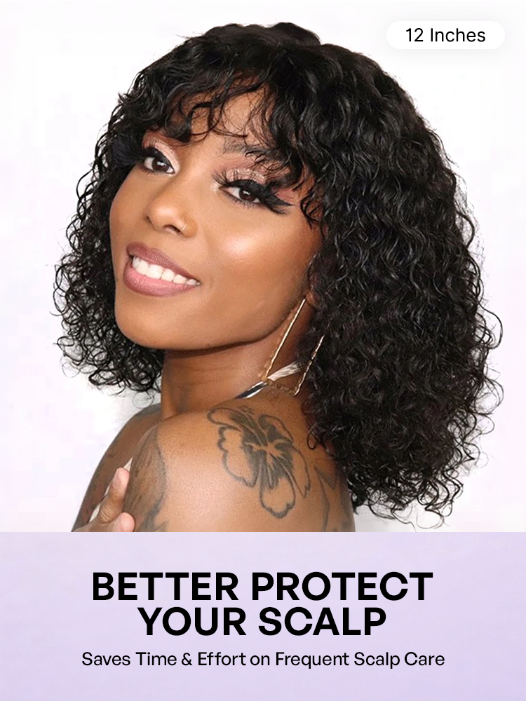 1 SEC INSTALL WIG | Brown Highlight / Natural Black Water Wave Natural Scalp Glueless Minimalist Lace Short Curly Wig with Bangs-40