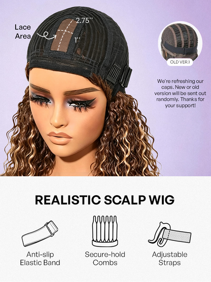 1 SEC INSTALL WIG | Brown Highlight / Natural Black Water Wave Natural Scalp Glueless Minimalist Lace Short Curly Wig with Bangs-41