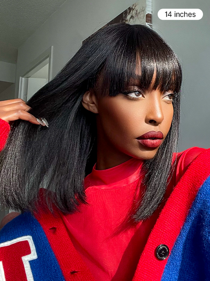 Put On and Go Realistic Glueless Yaki Straight Bob with Bangs Minimalist Lace Wig 100% Human Hair-81