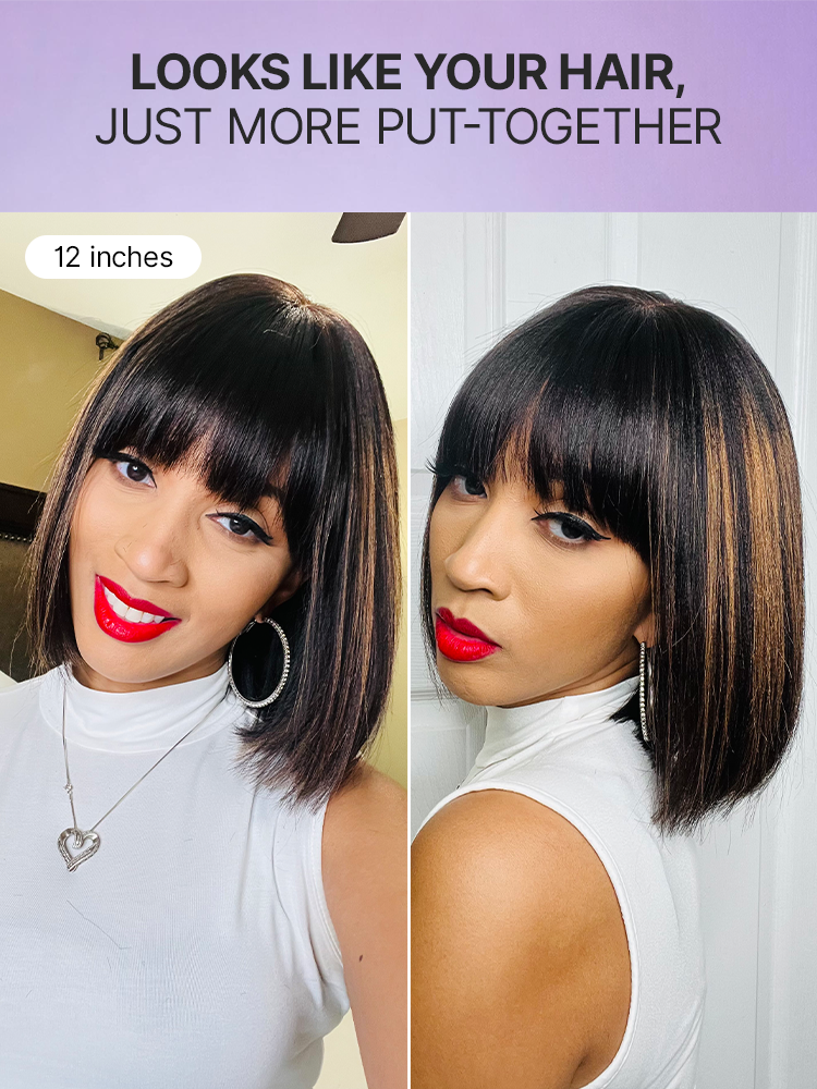 Put On and Go Realistic Glueless Yaki Straight Bob with Bangs Minimalist Lace Wig 100% Human Hair-83
